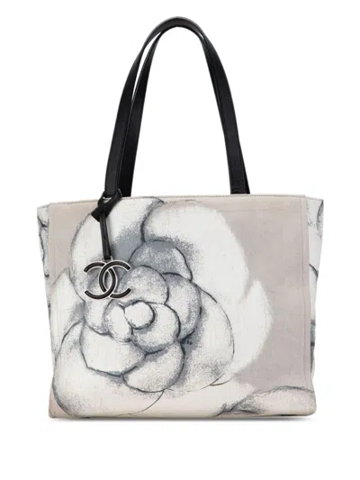 Pre-owned Chanel 2016-2017 Camellia Printed Canvas Shopper Tote Bag In Black