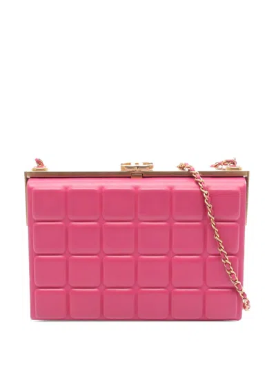 Pre-owned Chanel 2016-2017 Cc Lambskin Choco Bar Minaudière Clutch Crossbody Bag In Pink