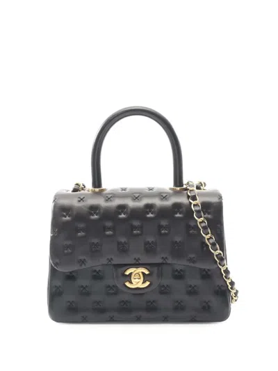 Pre-owned Chanel 2016-2017 Cc Lambskin Cross Stitch Coco Top Handle Flap Bag Satchel In Black
