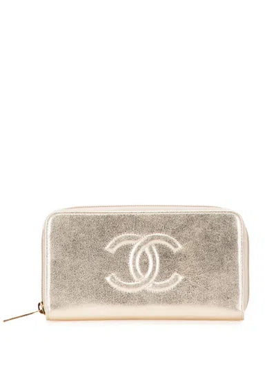 Pre-owned Chanel 2016-2017 Cc Metallic Lambskin Zip Around Wallet Long Wallets In Gold