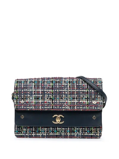 Pre-owned Chanel 2016-2017 Cc Multicolor Tweed Double Flap Crossbody Bag In Blue