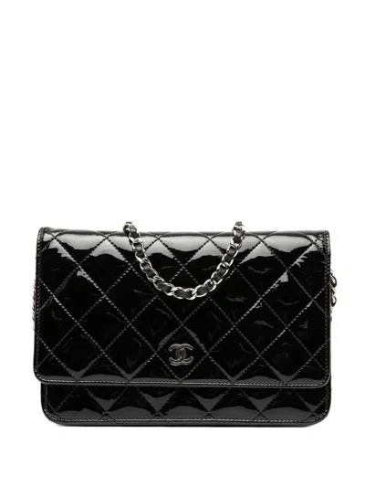 Pre-owned Chanel 2016-2017 Cc Quilted Patent Wallet On Chain Crossbody Bag In Black
