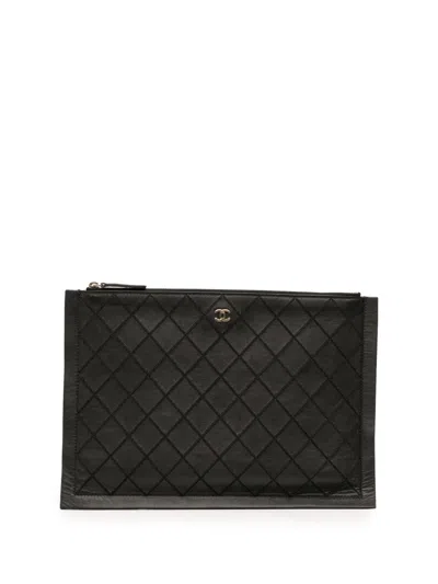 Pre-owned Chanel 2016-2017 Cc Stitched Lambskin Clutch Bag In Black