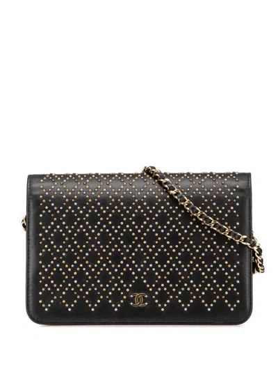 Pre-owned Chanel 2016-2017 Cc Studded Lambskin Wallet On Chain Crossbody Bag In Black