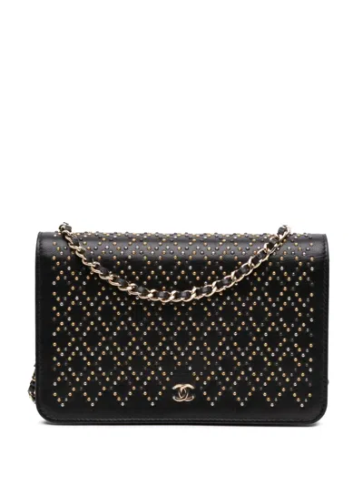 Pre-owned Chanel 2016-2017 Cc Studded Lambskin Wallet On Chain Crossbody Bag In Black
