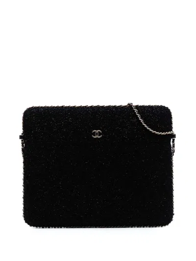 Pre-owned Chanel 2016-2017 Cc Tweed Chain Around Tablet Holder Crossbody Bag In Black