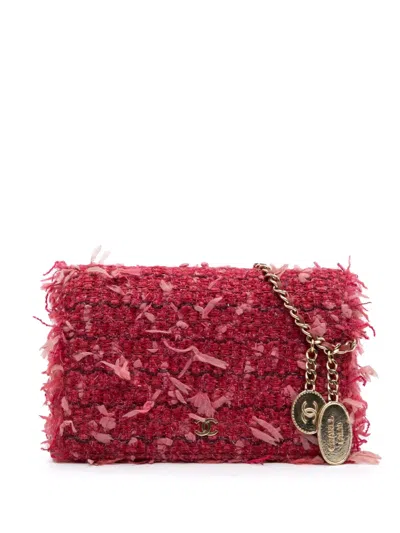 Pre-owned Chanel 2016-2017 Cc Tweed Wallet On Chain Crossbody Bag In Pink