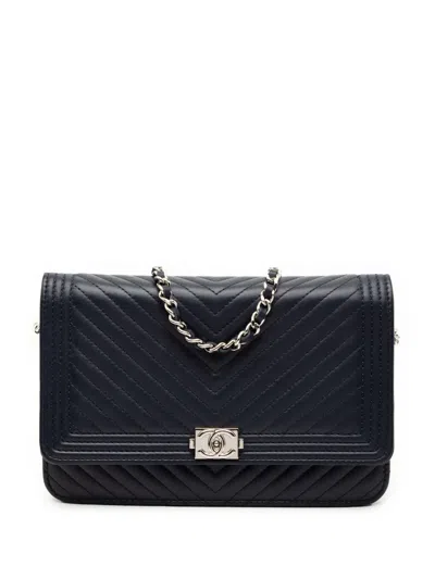 Pre-owned Chanel 2016-2017 Chevron Lambskin Boy Wallet On Chain Crossbody Bag In Blue
