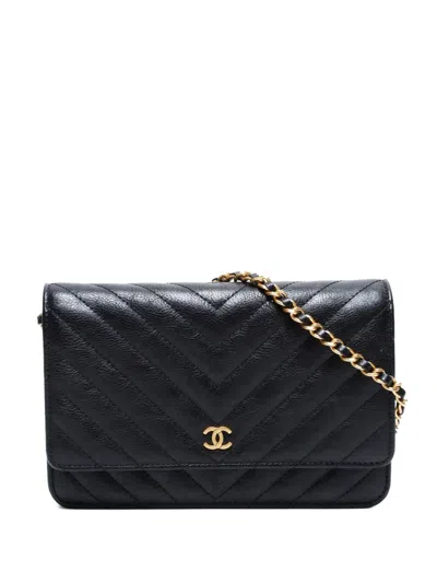 Pre-owned Chanel 2016-2017 Chevron-quilting Chain-strap Shoulder Bag In Black