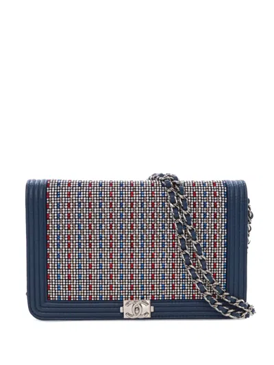 Pre-owned Chanel 2016-2017 Crystal Embellished Lambskin Boy Wallet On Chain Crossbody Bag In Blue