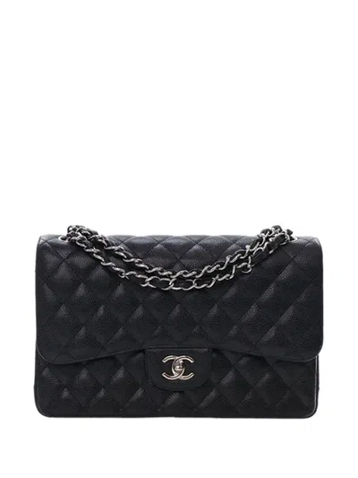 Pre-owned Chanel 2016-2017 Jumbo Classic Caviar Double Flap Shoulder Bag In Black