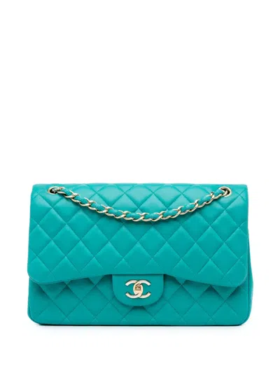 Pre-owned Chanel 2016-2017 Jumbo Classic Lambskin Double Flap Shoulder Bag In Blue