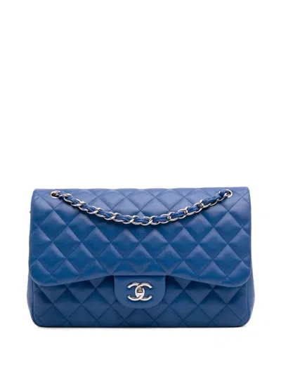 Pre-owned Chanel 2016-2017 Jumbo Classic Lambskin Double Flap Shoulder Bag In Blue