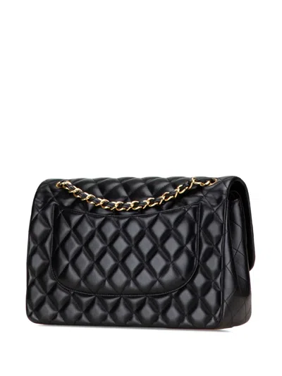 Pre-owned Chanel 2016-2017 Jumbo Classic Lambskin Double Flap Shoulder Bag In Black