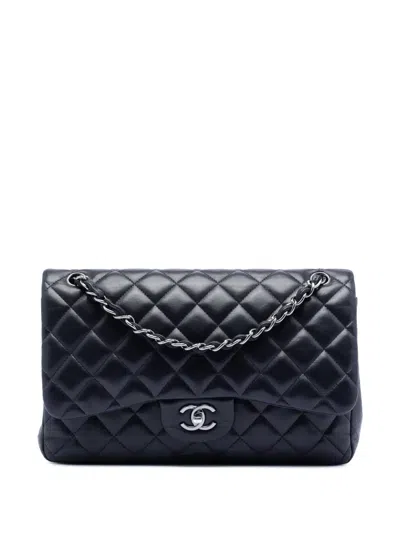 Pre-owned Chanel 2016-2017 Jumbo Classic Lambskin Double Flap Shoulder Bag In Black