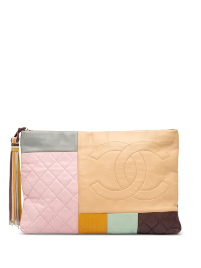 Pre-owned Chanel 2016-2017 Large Lambskin Colorblock Patchwork O Case Clutch Bag In Brown