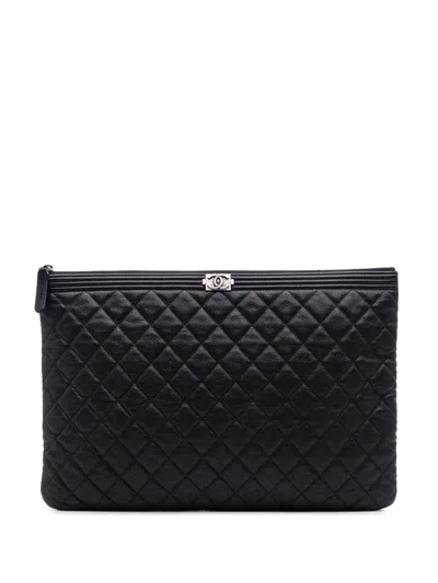 Pre-owned Chanel 2016-2017 Large Quilted Caviar Boy O Case Clutch Bag In Black