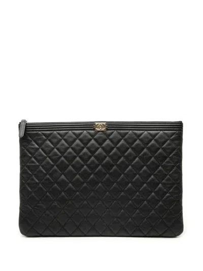 Pre-owned Chanel 2016-2017 Large Quilted Caviar Boy O Case Clutch Bag In Black