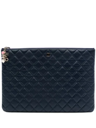 Pre-owned Chanel 2016-2017 Large Quilted Lambskin Casino Charms O Case Clutch Bag In Blue
