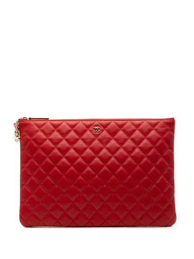 Pre-owned Chanel 2016-2017 Large Quilted Lambskin Casino Charms O Case Clutch Bag In Red