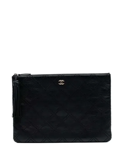 Pre-owned Chanel 2016-2017 Large Quilted Lambskin Double Stitch Tassel O Case Clutch Bag In Black