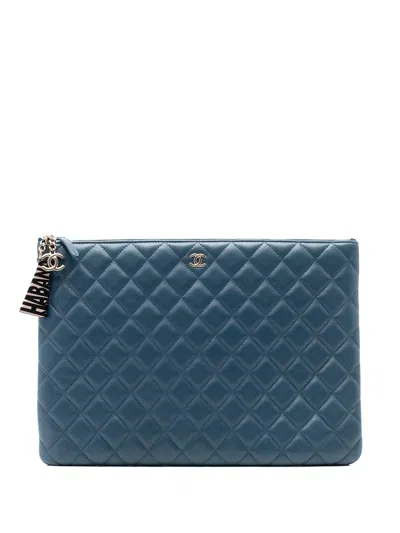 Pre-owned Chanel 2016-2017 Large Quilted Lambskin La Habana O Case Clutch Bag In Blue