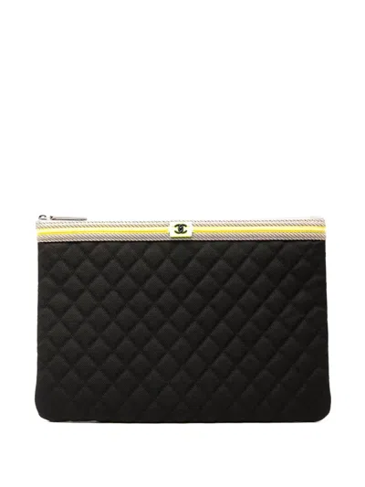 Pre-owned Chanel 2016-2017 Large Quilted Nylon Fluo Boy O Case Clutch Bag In Black