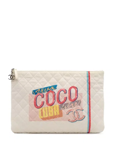 Pre-owned Chanel 2016-2017 Large Quilted Printed Canvas Coco Cuba Libre O Case Clutch Bag In White