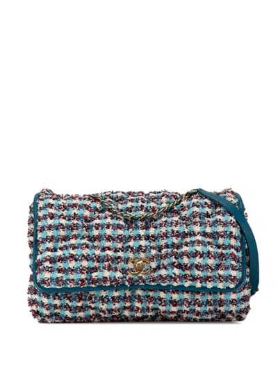 Pre-owned Chanel 2016-2017 Maxi Tweed Chesterfield Single Flap Crossbody Bag In Blue