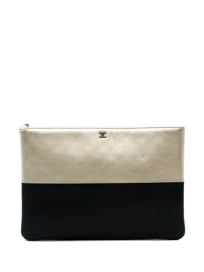 Pre-owned Chanel 2016-2017 Medium Bicolor Caviar And Iridescent Calfskin O Case Clutch Bag In Gold