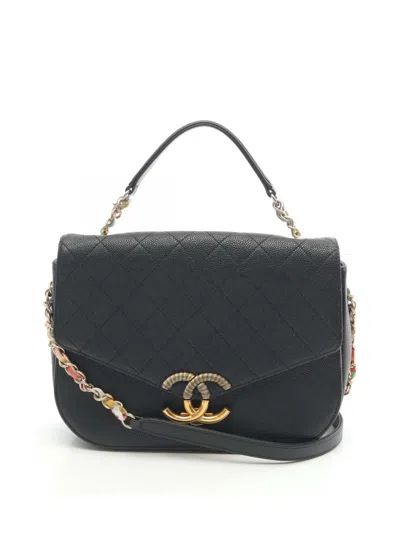 Pre-owned Chanel 2016-2017 Medium Caviar Paris Cuba Thread Around Flap Satchel In Black