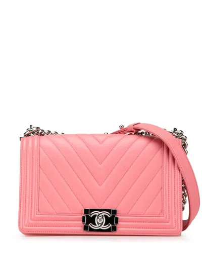 Pre-owned Chanel 2016-2017 Medium Chevron Lambskin Boy Flap Crossbody Bag In Pink