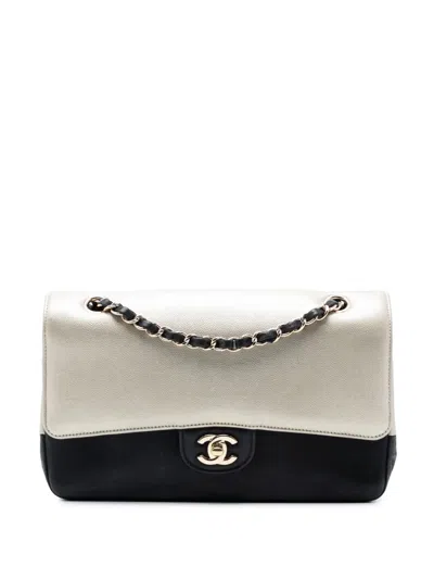 Pre-owned Chanel 2016-2017 Medium Classic Bicolor Caviar Double Flap Shoulder Bag In Black