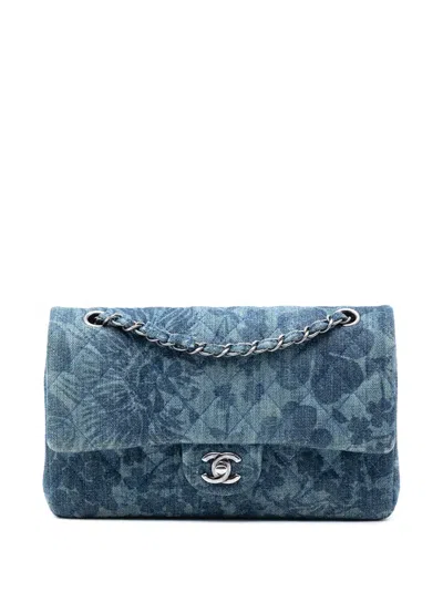 Pre-owned Chanel 2016-2017 Medium Classic Denim Floral Double Flap Shoulder Bag In Blue