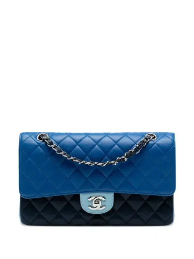 Pre-owned Chanel 2016-2017 Medium Classic Tricolor Lambskin Double Flap Shoulder Bag In Blue