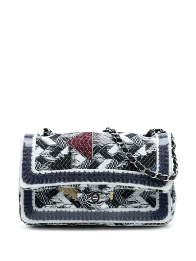 Pre-owned Chanel 2016-2017 Medium Classic Tweed And Silicone Double Flap Shoulder Bag In Blue