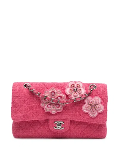 Pre-owned Chanel 2016-2017 Medium Classic Tweed Flower Double Flap Shoulder Bag In Pink