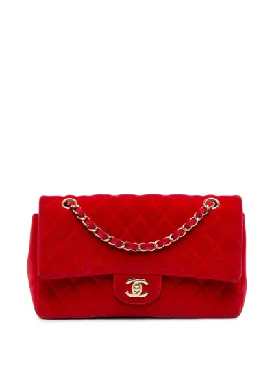 Pre-owned Chanel 2016-2017 Medium Classic Velvet Double Flap Shoulder Bag In Red