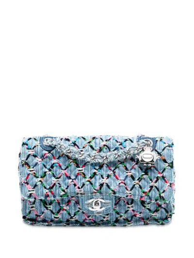 Pre-owned Chanel 2016-2017 Medium Denim Rainbow Woven Stitch Quilted Robot Charm Single Flap Shoulder Bag In Blue
