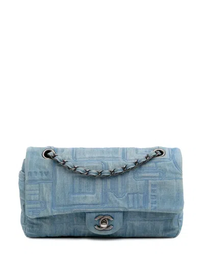 Pre-owned Chanel 2016-2017 Medium Embroidered Denim Perfume Bottle Single Flap Shoulder Bag