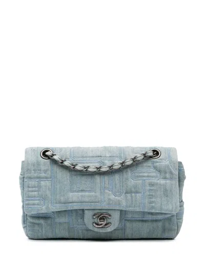 Pre-owned Chanel 2016-2017 Medium Embroidered Denim Perfume Bottle Single Flap Shoulder Bag In Blue