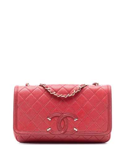Pre-owned Chanel 2016-2017 Medium Quilted Caviar Cc Filigree Flap Shoulder Bag In Red