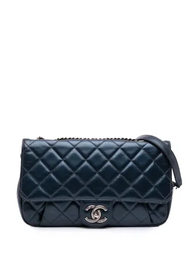 Pre-owned Chanel 2016-2017 Medium Quilted Glazed Calfskin Coco Pleats Flap Crossbody Bag In Blue
