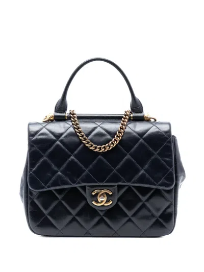Pre-owned Chanel 2016-2017 Medium Quilted Glazed Calfskin Gold Bar Top Handle Flap Satchel In Blue