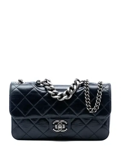 Pre-owned Chanel 2016-2017 Medium Quilted Glazed Calfskin Perfect Edge Flap Satchel In Blue