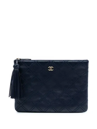 Pre-owned Chanel 2016-2017 Medium Quilted Lambskin Double Stitch Tassel O Case Clutch Bag In Blue
