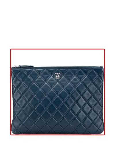 Pre-owned Chanel 2016-2017 Medium Quilted Lambskin O Case Clutch Bag In Blue