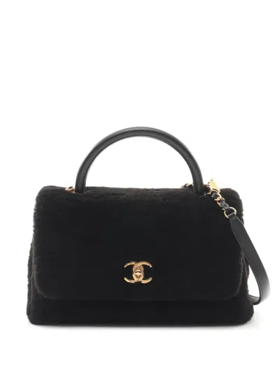 Pre-owned Chanel 2016-2017 Medium Shearling Coco Top Handle Bag Satchel In Black
