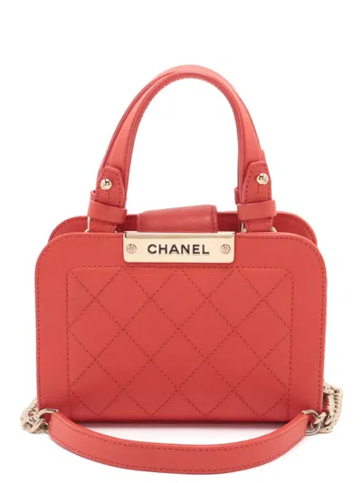 Pre-owned Chanel 2016-2017 Mini Calfskin Label Click Shopping Tote Satchel In Red