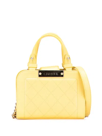 Pre-owned Chanel 2016-2017 Mini Calfskin Label Click Shopping Tote Satchel In Yellow